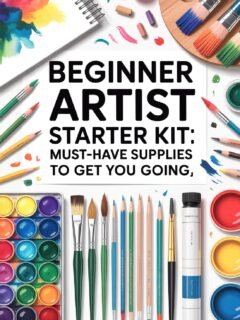 Beginner artist kit with paints, brushes, and pencils arranged around a bold title. Perfect supplies to start creating.