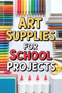 Colorful art supplies including markers, paper, crayons, glue, and scissors for school projects on display.