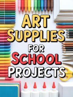 Colorful art supplies including markers, paper, crayons, glue, and scissors for school projects on display.