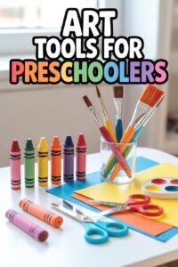 Preschool art tools on a table: crayons, brushes, paper, scissors, and paint set for creative projects.