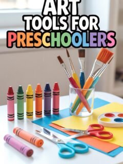 Preschool art tools on a table: crayons, brushes, paper, scissors, and paint set for creative projects.