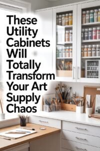 Organized art studio with utility cabinets, brushes, and paints for efficient storage of art supplies.