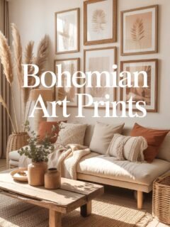 Bohemian living room with art prints, neutral decor, pampas grass, and cozy sofa for a stylish, relaxed ambiance.