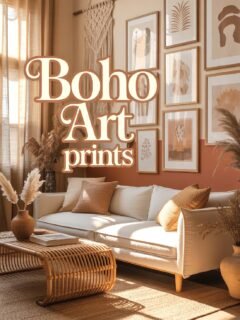 Boho-inspired living room with art prints, beige sofa, rattan table, and earthy decor elements.