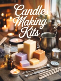 Candle making kit with colorful candles, essential oils, and tools on a wooden table for DIY craft enthusiasts.