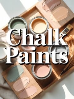 Cans of colorful chalk paints displayed with brushes and paint swatches on a wooden tray.