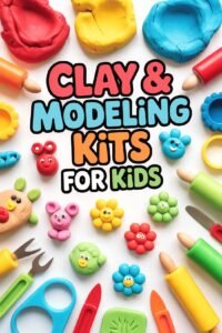 Clay and modeling kits for kids with colorful tools and shapes shown on white background. Perfect for creative play.