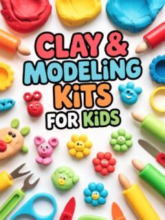 Clay and modeling kits for kids with colorful tools and shapes shown on white background. Perfect for creative play.