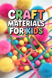 Colorful craft materials for kids including pom-poms, beads, and pipe cleaners for creative projects.
