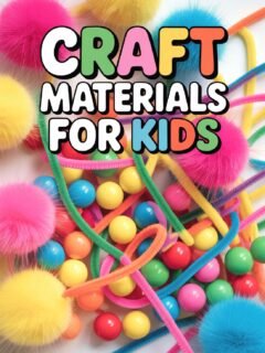 Colorful craft materials for kids including pom-poms, beads, and pipe cleaners for creative projects.