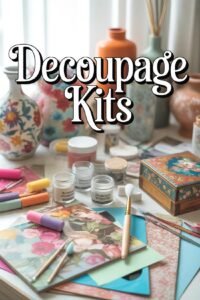 Decoupage kits with floral papers, brushes, and jars on a table for creative crafting projects.