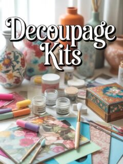 Decoupage kits with floral papers, brushes, and jars on a table for creative crafting projects.