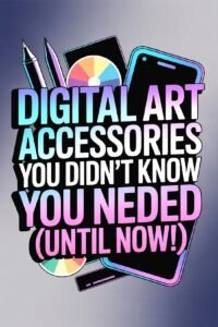 Banner promoting essential digital art accessories with phone, pencil, and color palette illustrations.