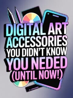 Banner promoting essential digital art accessories with phone, pencil, and color palette illustrations.
