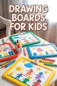 Colorful drawing boards for kids with markers and crayons on a bright table.