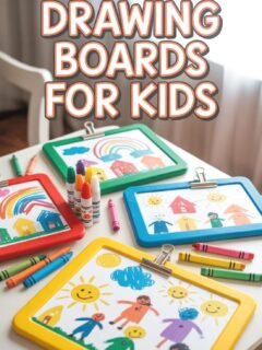 Colorful drawing boards for kids with markers and crayons on a bright table.