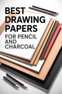 Stack of drawing papers in various colors for pencil and charcoal art, with pencils on a textured background.