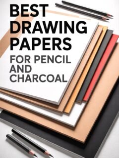 Stack of drawing papers in various colors for pencil and charcoal art, with pencils on a textured background.