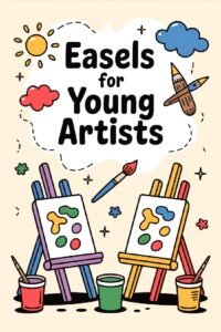 Easels for young artists with colorful paint sets, brushes, and creative designs in a playful cartoon style.