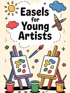 Easels for young artists with colorful paint sets, brushes, and creative designs in a playful cartoon style.
