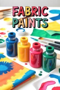 Colorful fabric paints, brushes, and textiles for crafting vibrant DIY projects.