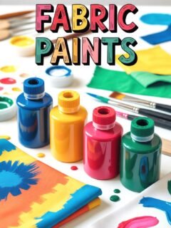 Colorful fabric paints, brushes, and textiles for crafting vibrant DIY projects.