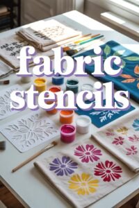 Fabric stencils for DIY crafting with colorful paint and brushes on a creative workspace table.