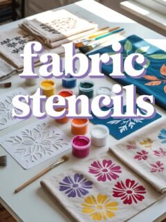 Fabric stencils for DIY crafting with colorful paint and brushes on a creative workspace table.