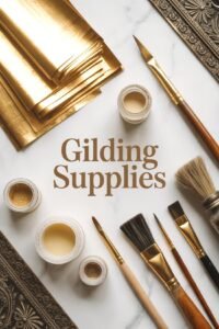 Gilding supplies with gold leaf sheets, brushes, and jars on a marble surface. Perfect for art and craft projects.