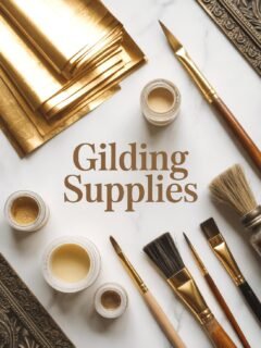 Gilding supplies with gold leaf sheets, brushes, and jars on a marble surface. Perfect for art and craft projects.