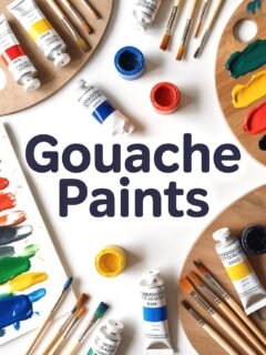 Gouache paints and brushes on a table, ready for artistic use.