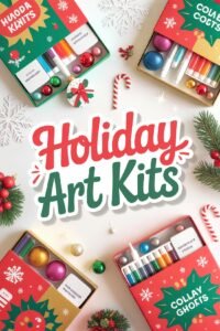 Festive holiday art kits with paints and ornaments, perfect for Christmas crafts and gift-giving. Vibrant and colorful design.