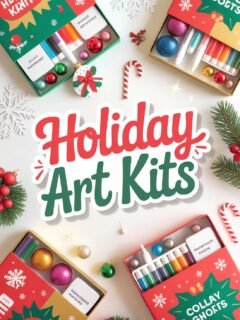 Festive holiday art kits with paints and ornaments, perfect for Christmas crafts and gift-giving. Vibrant and colorful design.