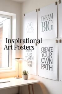 Inspirational art posters on a wall beside a desk with a lamp and plant, promoting positive messages.