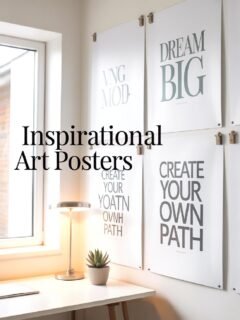 Inspirational art posters on a wall beside a desk with a lamp and plant, promoting positive messages.