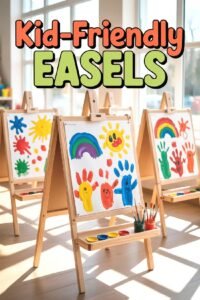Kid-friendly easels displaying colorful children&rsquo;s artwork in a sunlit classroom setting.