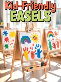 Kid-friendly easels displaying colorful children&rsquo;s artwork in a sunlit classroom setting.