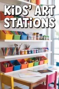 Colorful kids' art station with supplies like crayons, paints, and paper on shelves and a table in a bright room.