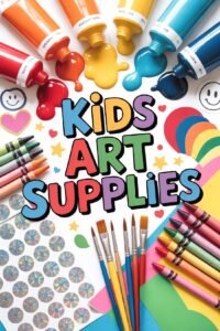Colorful kids art supplies including paints, crayons, and brushes arranged with playful designs.