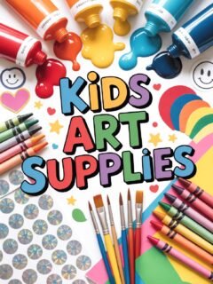 Colorful kids art supplies including paints, crayons, and brushes arranged with playful designs.