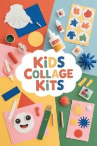 Kids collage kits with colorful craft supplies, scissors, glue, and paper shapes for creative fun.