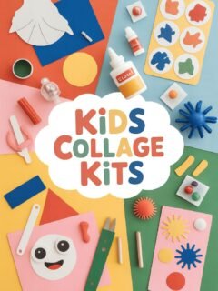Kids collage kits with colorful craft supplies, scissors, glue, and paper shapes for creative fun.