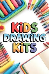 Colorful kids drawing kits with markers, crayons, and an open notebook for creative art activities.