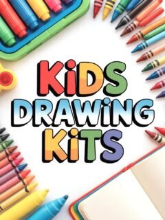 Colorful kids drawing kits with markers, crayons, and an open notebook for creative art activities.