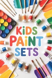 Colorful kids paint sets with brushes, vibrant colors, and creative art tools arranged in a circle.