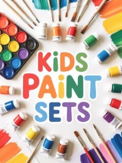 Colorful kids paint sets with brushes, vibrant colors, and creative art tools arranged in a circle.