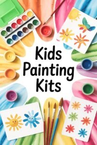 Kids painting kits with watercolor paints, brushes, and colorful artwork for creative fun.