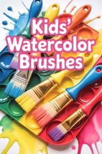 Kids' watercolor brushes laid on colorful paint splatters, promoting artistic creativity for children.