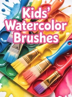 Kids' watercolor brushes laid on colorful paint splatters, promoting artistic creativity for children.