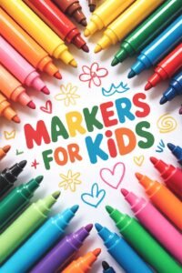 Colorful markers for kids' art projects, surrounded by doodles and hearts, on a white background. Fun and creative tools.